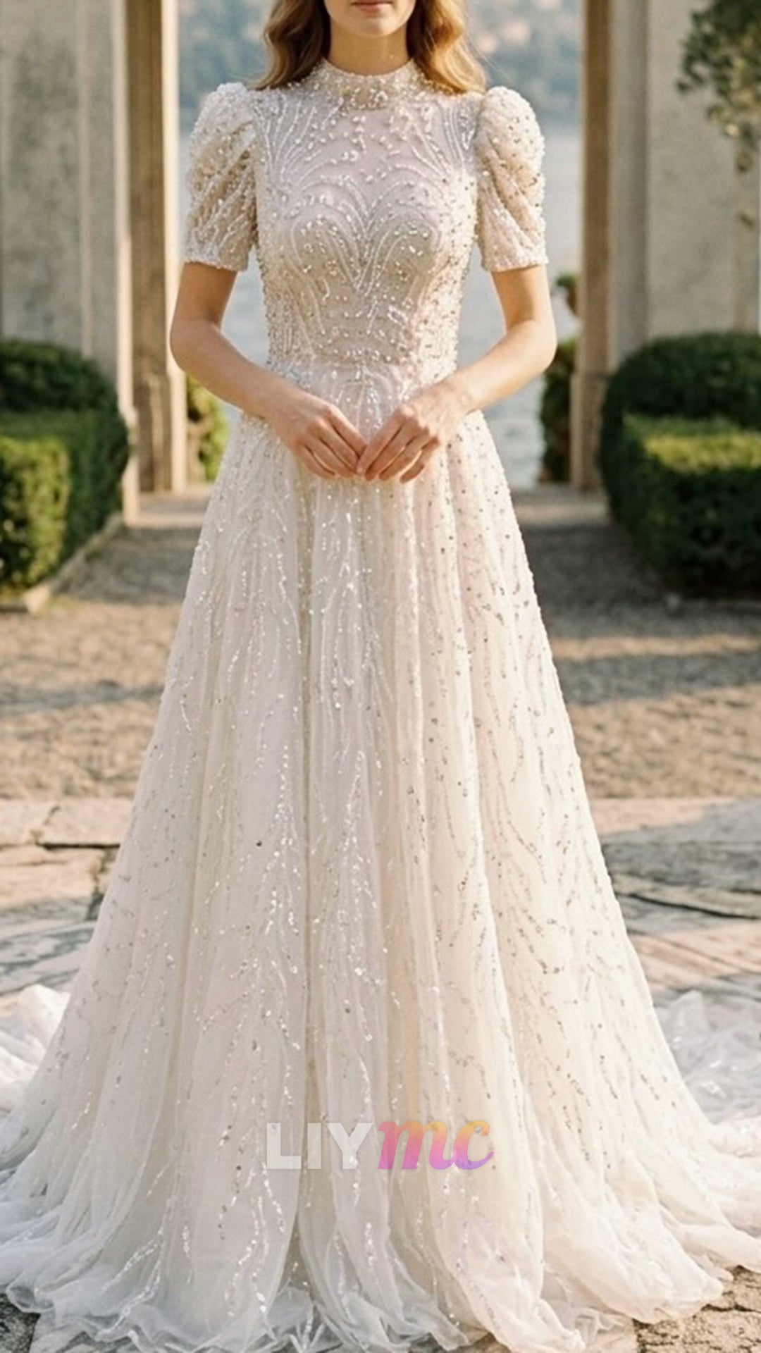 High Neck Short Sleeves Beaded Embroidery A-Line Wedding Dress