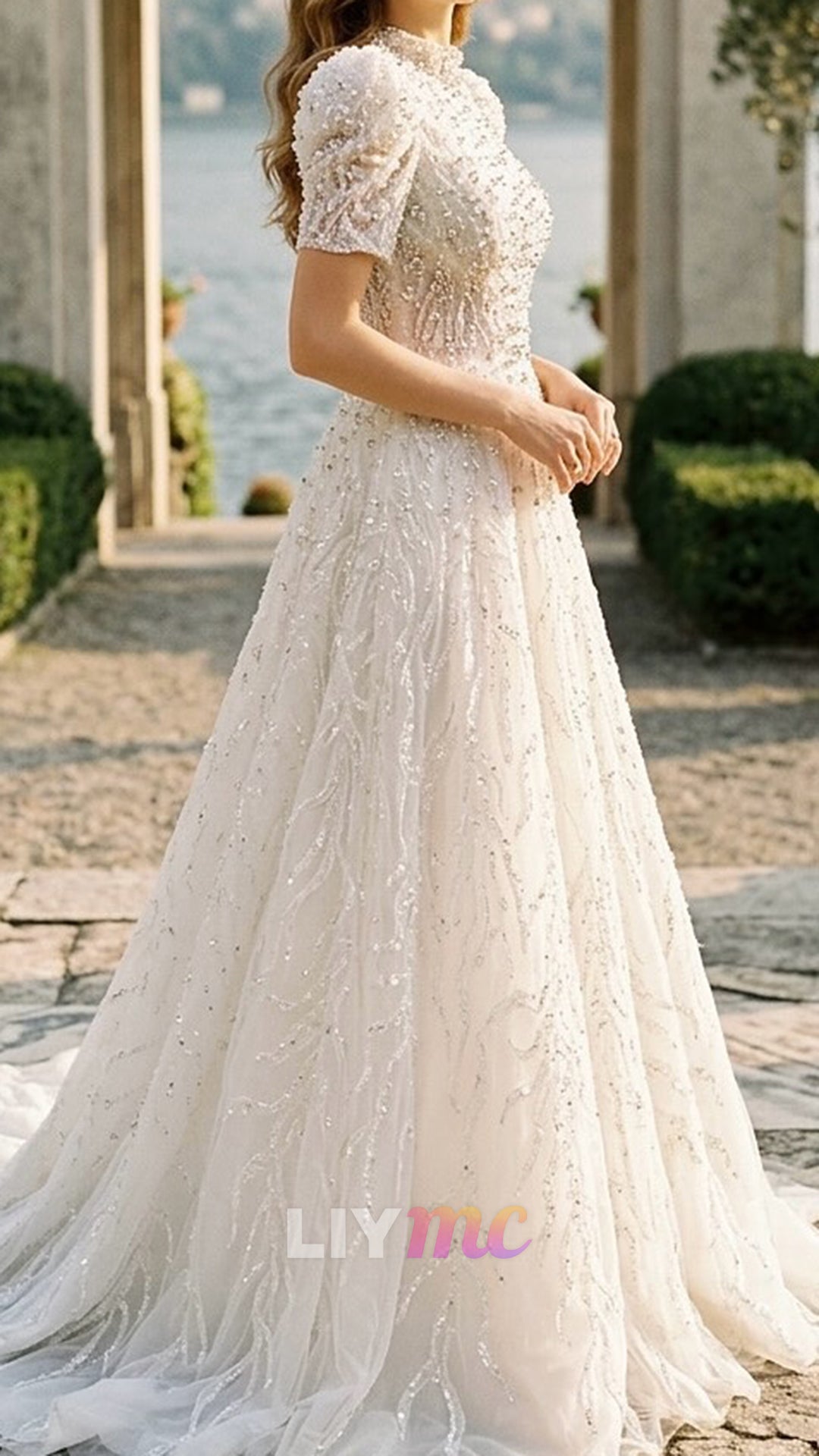 High Neck Short Sleeves Beaded Embroidery A-Line Wedding Dress