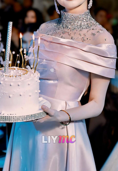 High Neck Short Sleeves Beaded Sleek A-Line Prom Dress