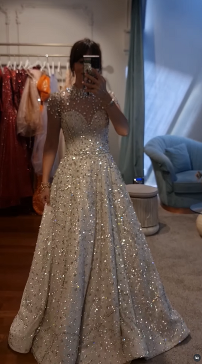 High Neck Short Sleeves Beaded Sparkly A-Line Evening Dress