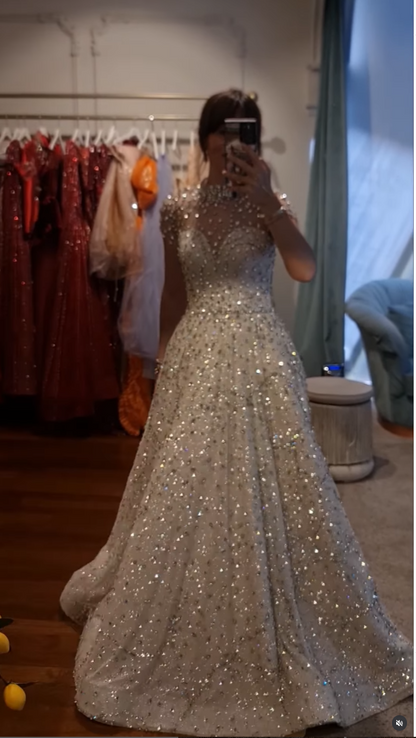 High Neck Short Sleeves Beaded Sparkly A-Line Evening Dress