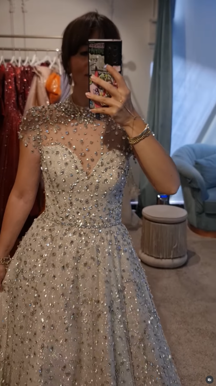 High Neck Short Sleeves Beaded Sparkly A-Line Evening Dress