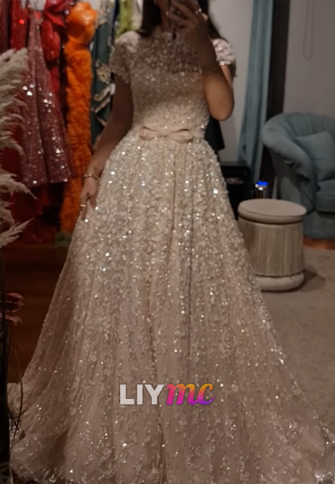High Neck Short Sleeves Floral Appliques A-Line Prom Dress