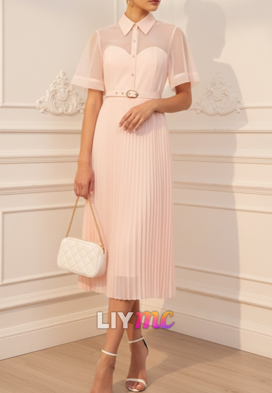 High Neck Short Sleeves Pleated A-Line Wedding Guest Dress