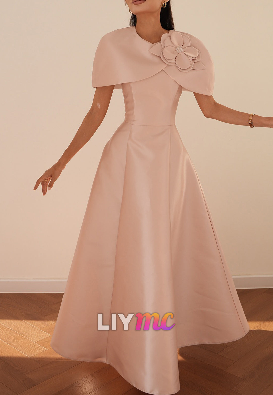 High Neck Short Sleeves Satin A-Line Evening Dress