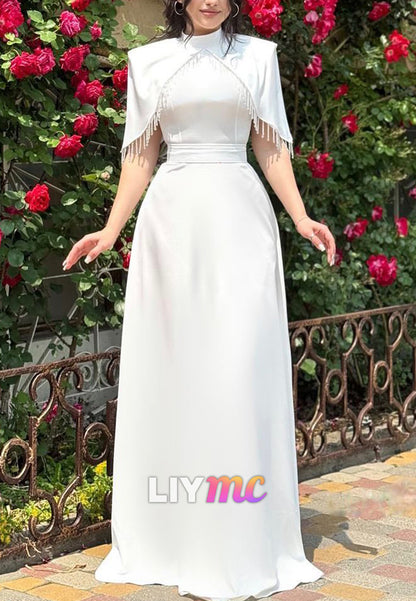 High Neck Short Sleeves Sleek Sheath Wedding Dress