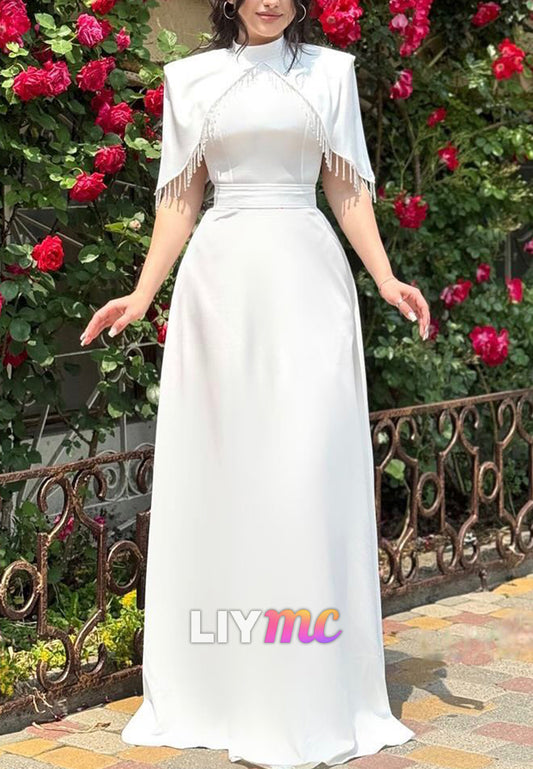 High Neck Short Sleeves Sleek Sheath Wedding Dress