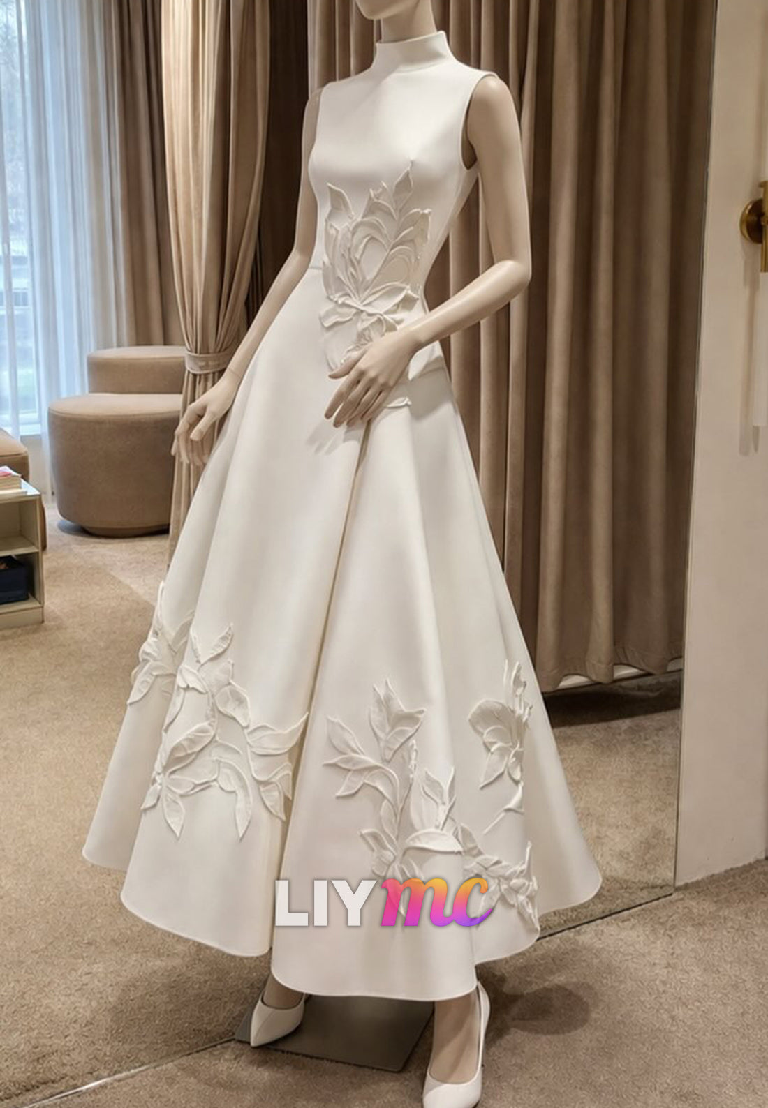 High Neck Sleeveless Appliques Satin A-Line Wedding Dress
