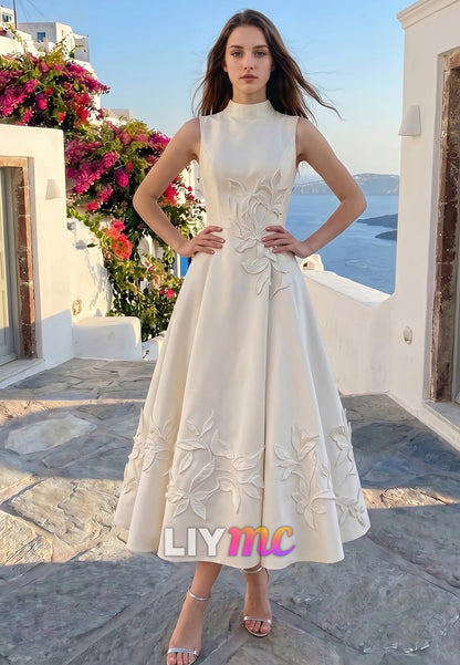 High Neck Sleeveless Appliques Satin A-Line Wedding Dress