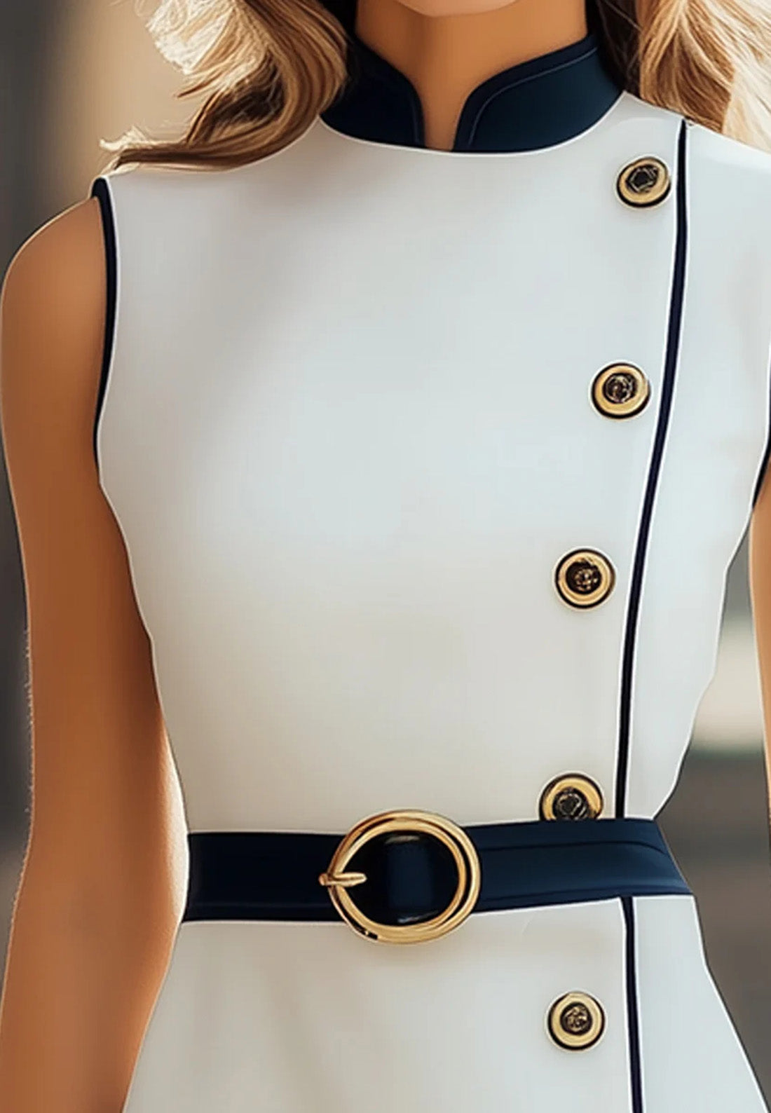 High Neck Sleeveless Button Belt Sheath Short Work Dress