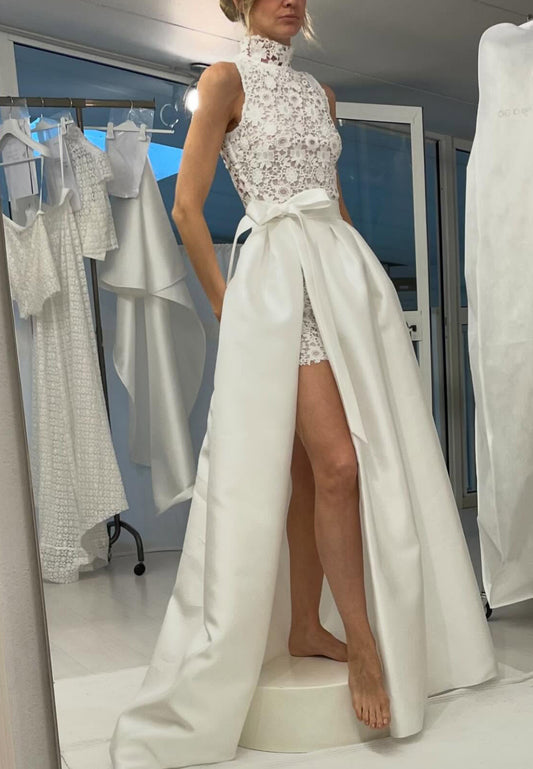 High Neck Sleeveless Lace Appliques A-Line Wedding Dress