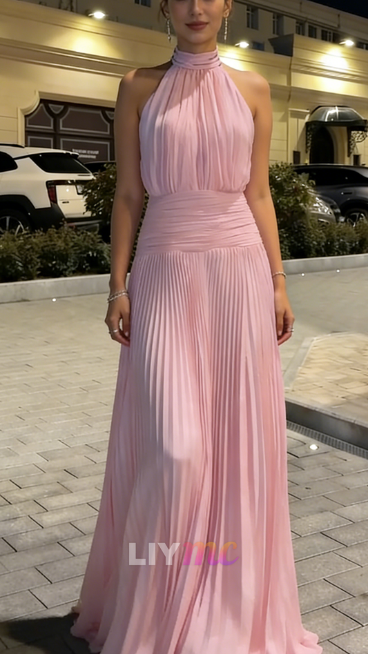 High Neck Sleeveless Pleated A-Line Wedding Guest Dress