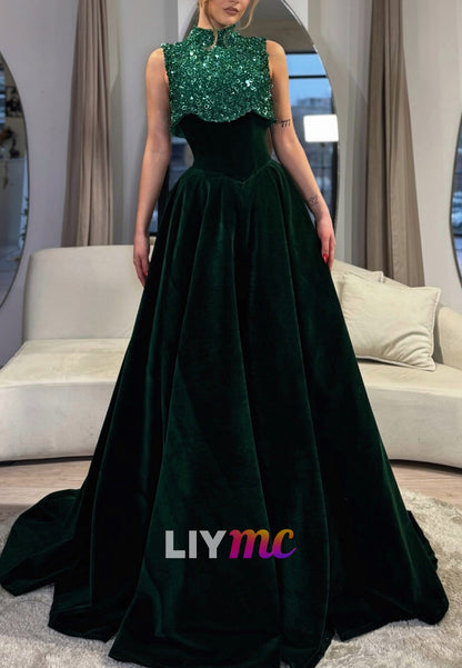 High Neck Sleeveless Sequins A-Line Prom Dress