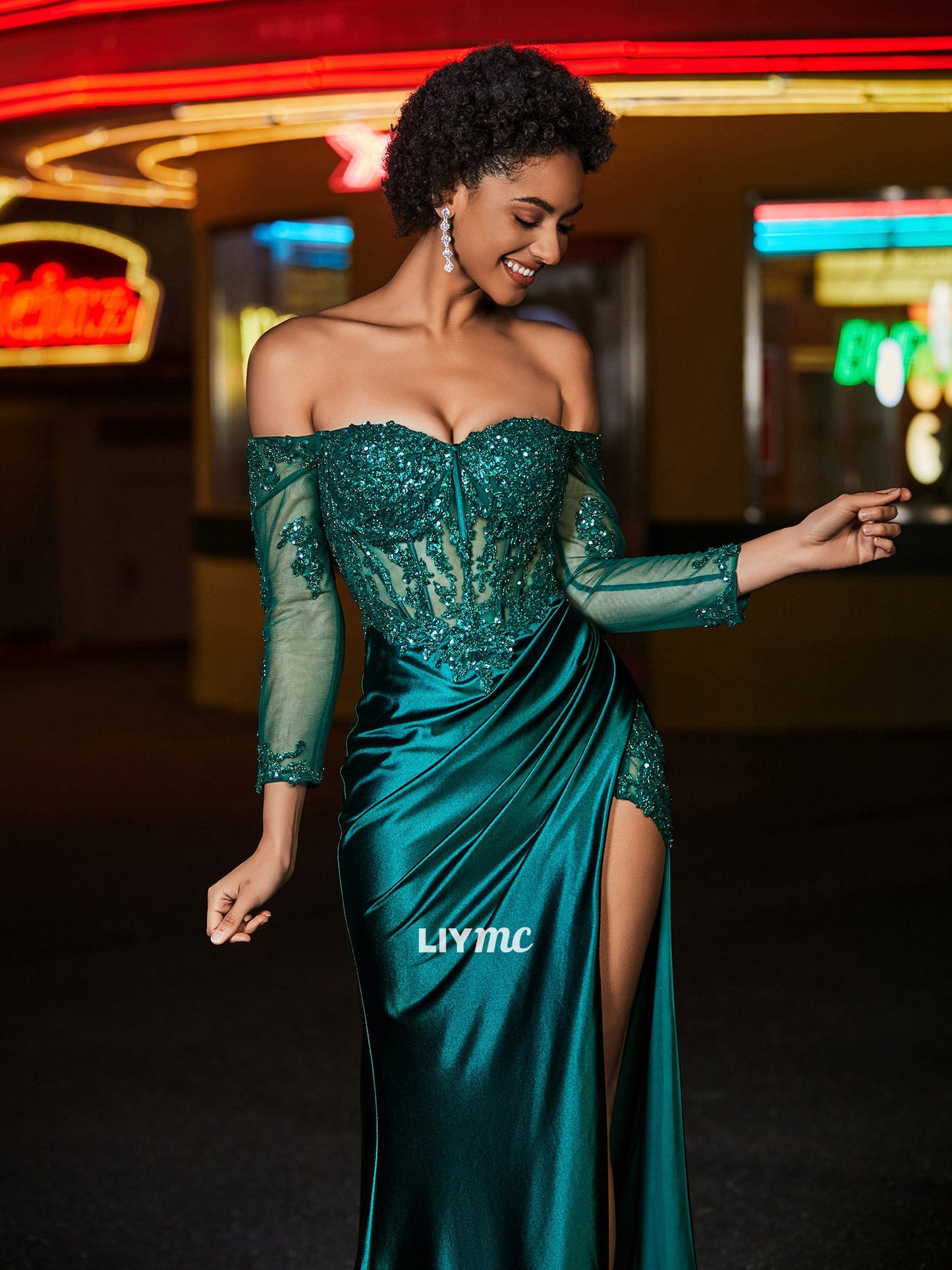 LP1931 - High Slit Corset Bodice Stretch Satin Gown Dark Green