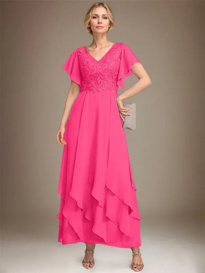 A-line V-Neck Ankle-Length Lace Chiffon Mother of the Bride Dress With Cascading Ruffles