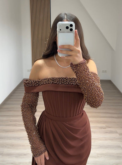 Off-Shoulder Long Sleeves Beaded Mermaid Evening Dress