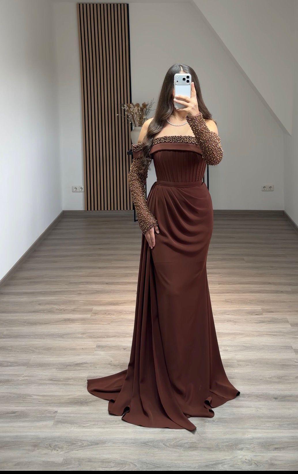 Off-Shoulder Long Sleeves Beaded Mermaid Evening Dress