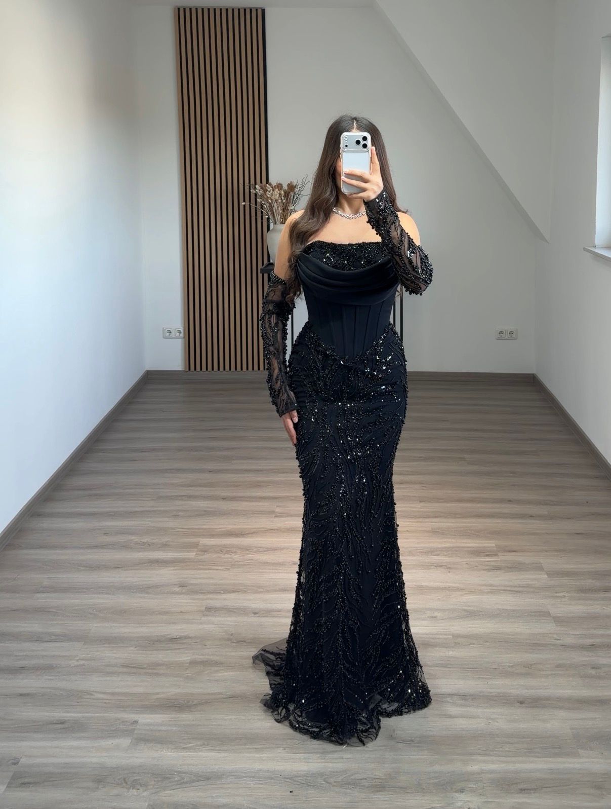 Off-Shoulder Long Sleeves Beaded Embroidery Mermaid Evening Dress
