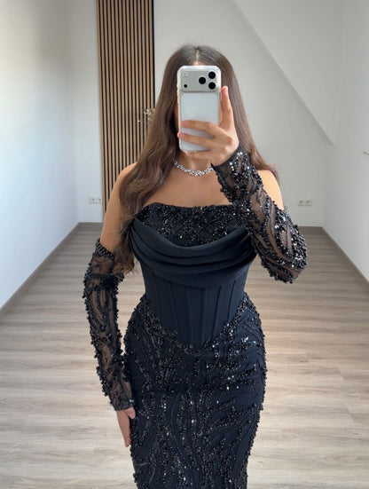 Off-Shoulder Long Sleeves Beaded Embroidery Mermaid Evening Dress