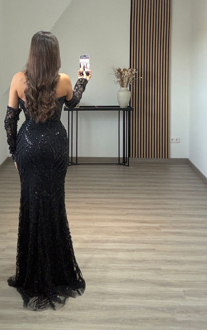 Off-Shoulder Long Sleeves Beaded Embroidery Mermaid Evening Dress