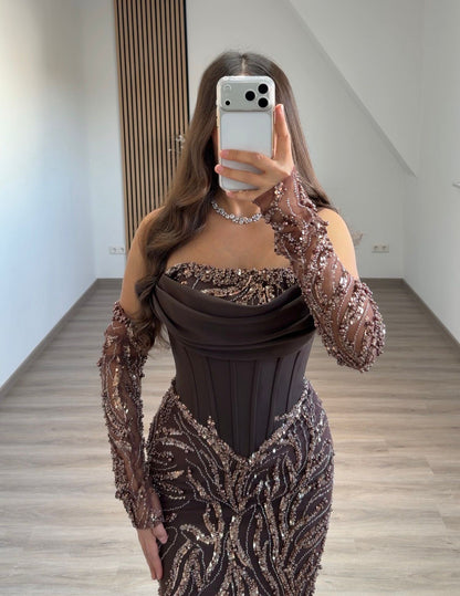 Off-Shoulder Beaded Embroidery Brown Evening Dress