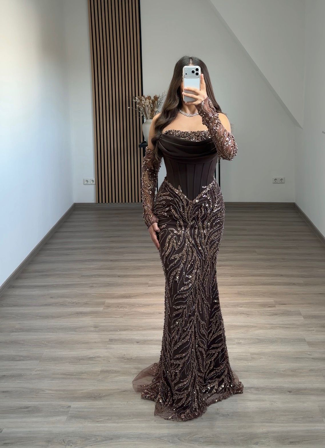 Off-Shoulder Beaded Embroidery Brown Evening Dress