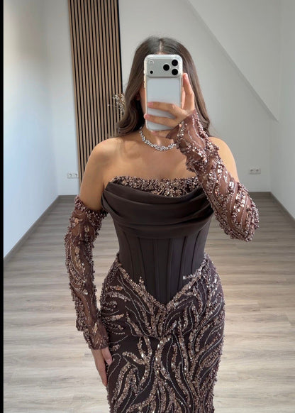 Off-Shoulder Beaded Embroidery Brown Evening Dress
