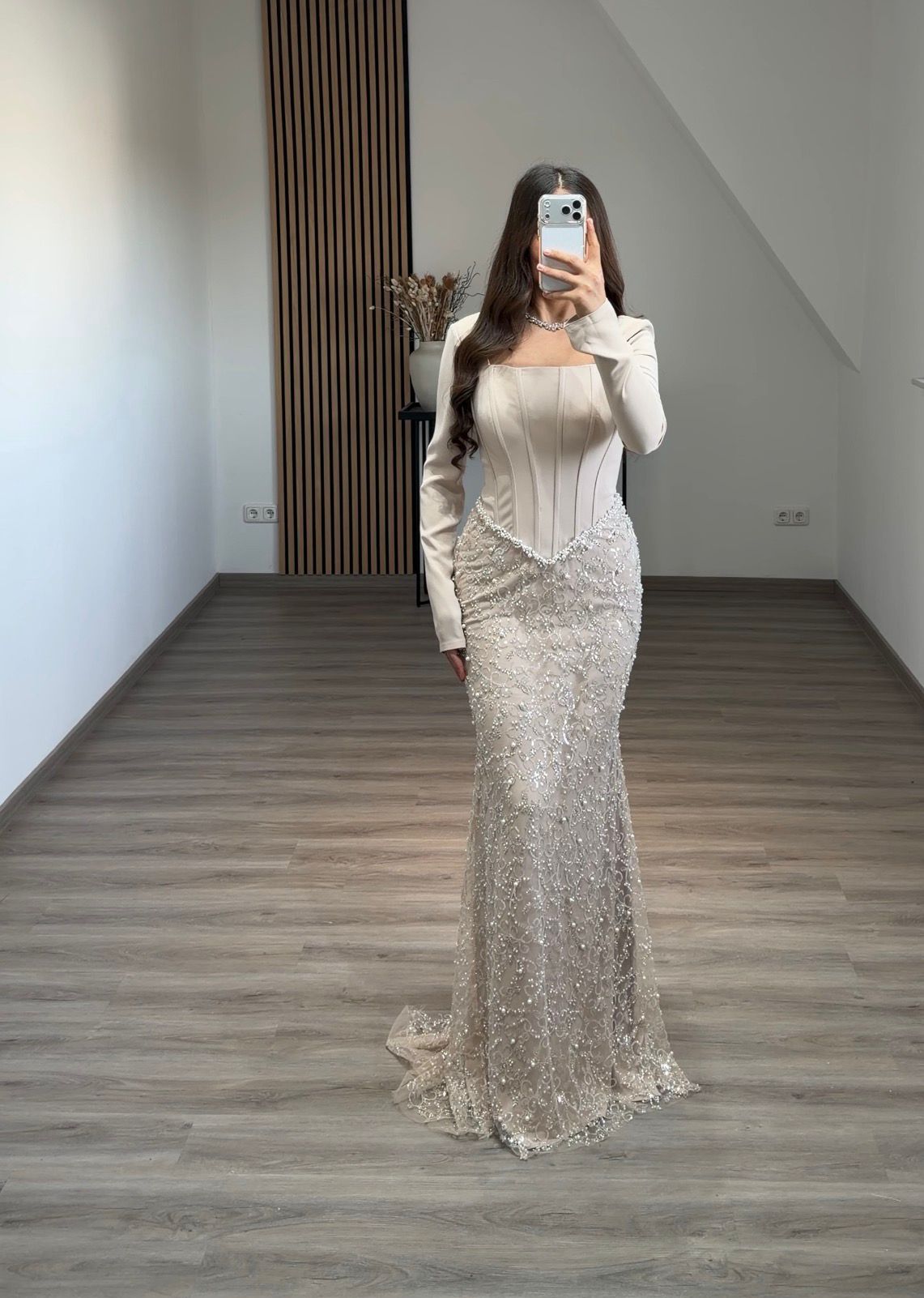 Square Long Sleeves Beaded Embroidery Mermaid Evening Dress