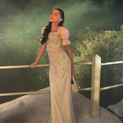 Square Short Sleeves Sequins Beaded Sheath Evening Dress