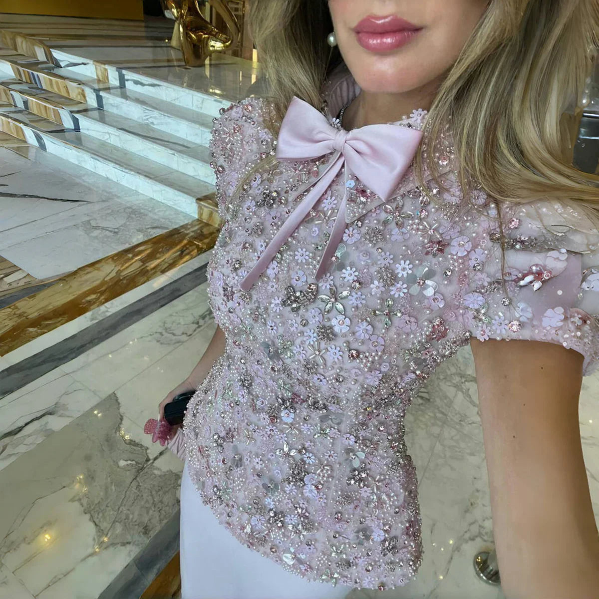 High Neck Short Sleeves Beaded Sheath Evening Dress