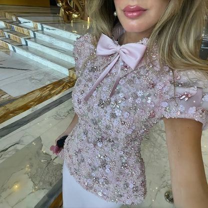 High Neck Short Sleeves Beaded Sheath Evening Dress