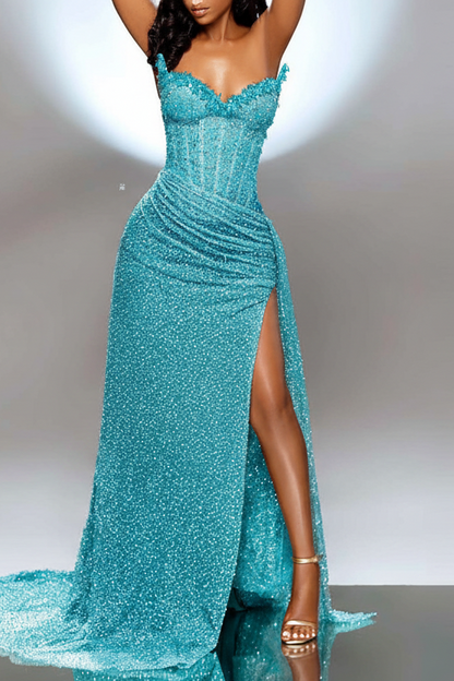 Sweetheart Elegant Split Beaded Strapless Prom Dress