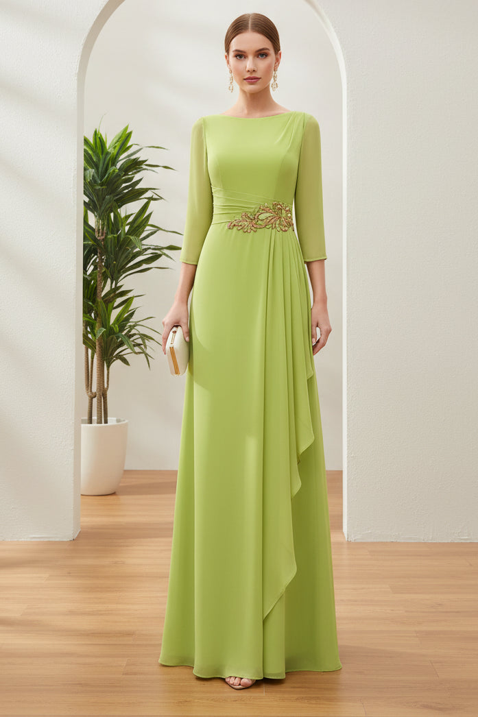 Chiffon Boat Neck Dress with Pleated Belt