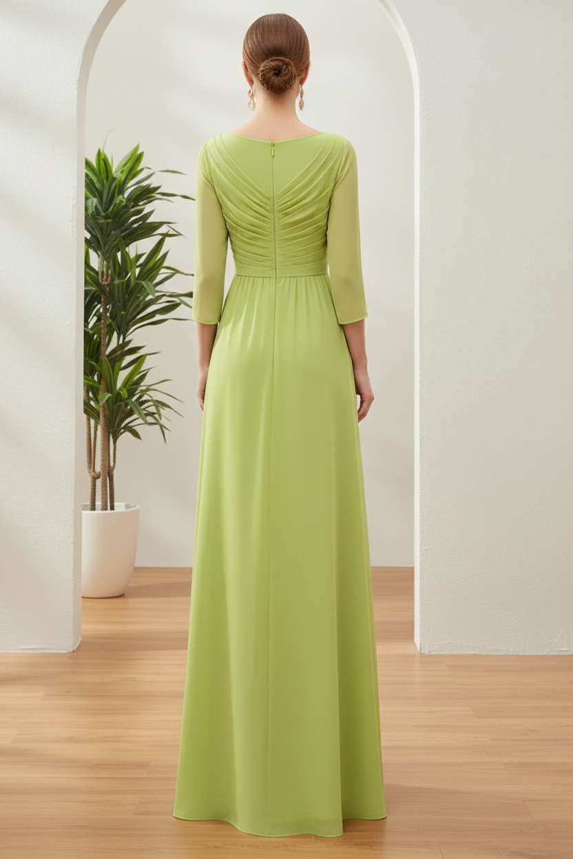 Chiffon Boat Neck Dress with Pleated Belt