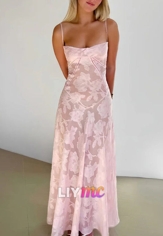 Sheath Satin Floral Spaghetti Straps Long Prom Dresses