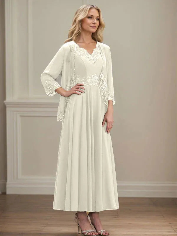 A-line V-Neck Ankle-Length Chiffon Mother of the Bride Dress With Sequins Appliques Lace Beading