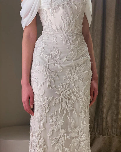 Luxury Ivory Sequin Embroidered Off Shoulder Evening Dress