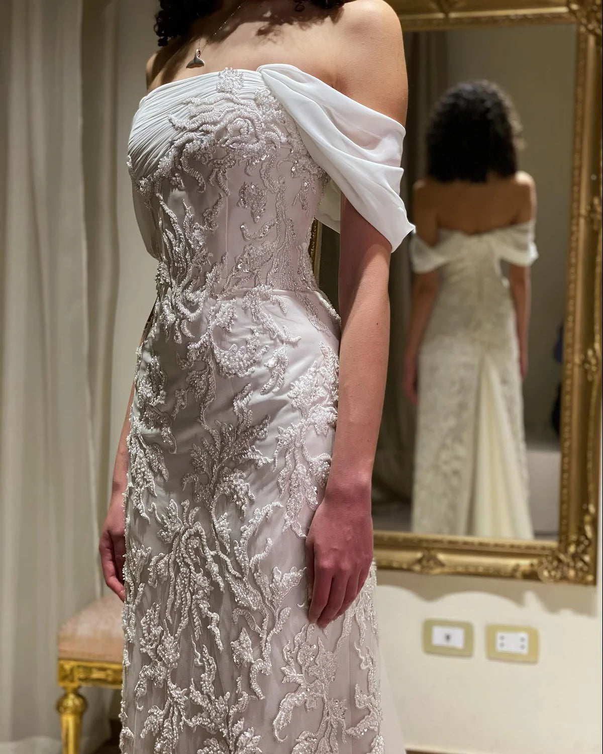 Luxury Ivory Sequin Embroidered Off Shoulder Evening Dress