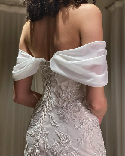 Luxury Ivory Sequin Embroidered Off Shoulder Evening Dress