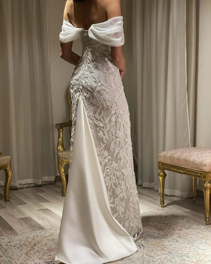 Luxury Ivory Sequin Embroidered Off Shoulder Evening Dress