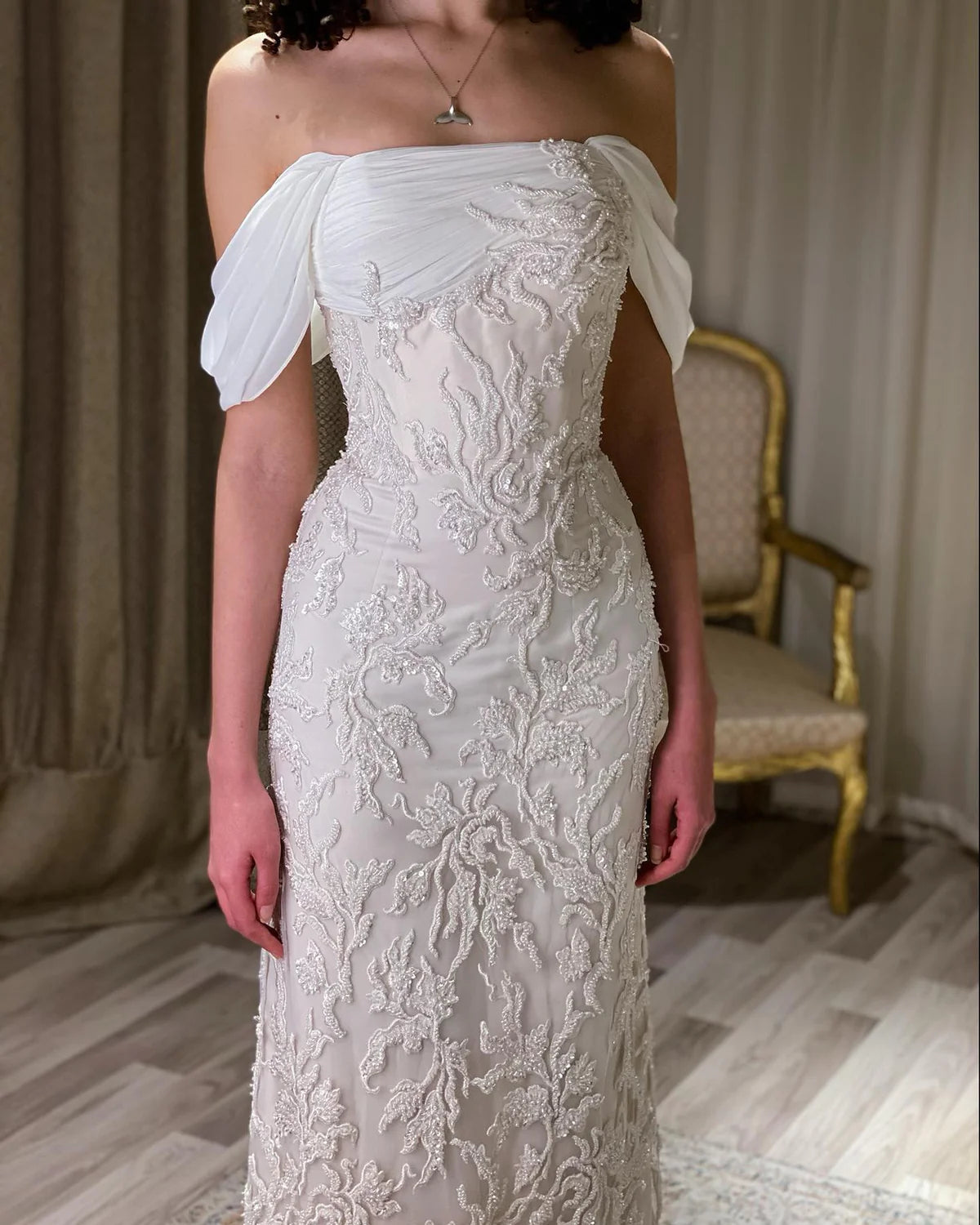 Luxury Ivory Sequin Embroidered Off Shoulder Evening Dress