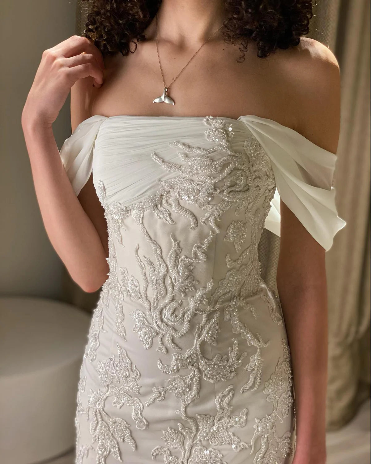 Luxury Ivory Sequin Embroidered Off Shoulder Evening Dress