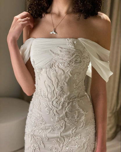 Luxury Ivory Sequin Embroidered Off Shoulder Evening Dress