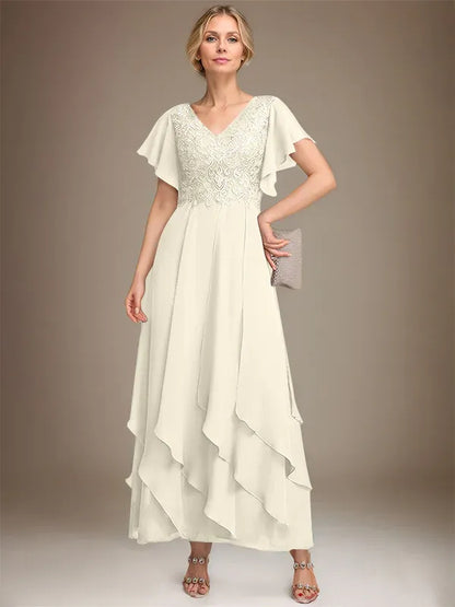 A-line V-Neck Ankle-Length Lace Chiffon Mother of the Bride Dress With Cascading Ruffles