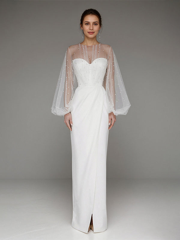 White Chiffon Sweetheart Neckline  Asymmetrical Length Formal Party Dress with Lace Sleeves