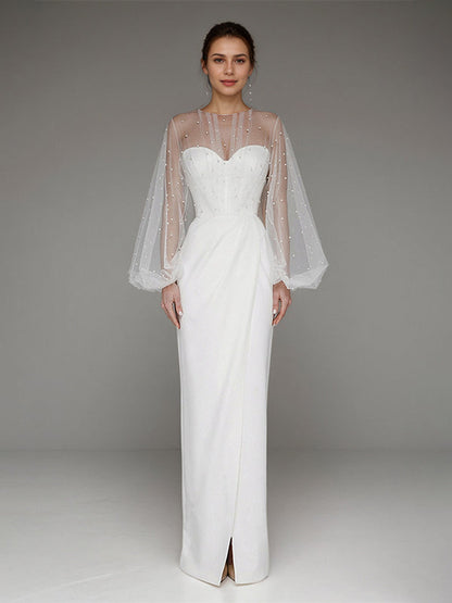 White Chiffon Sweetheart Neckline  Asymmetrical Length Formal Party Dress with Lace Sleeves