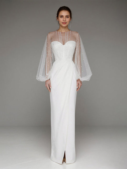 White Chiffon Sweetheart Neckline  Asymmetrical Length Formal Party Dress with Lace Sleeves