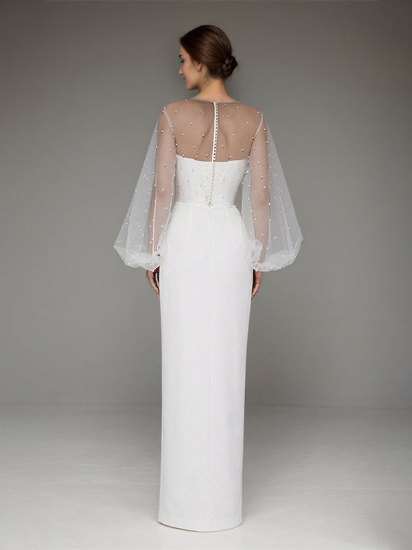 White Chiffon Sweetheart Neckline  Asymmetrical Length Formal Party Dress with Lace Sleeves