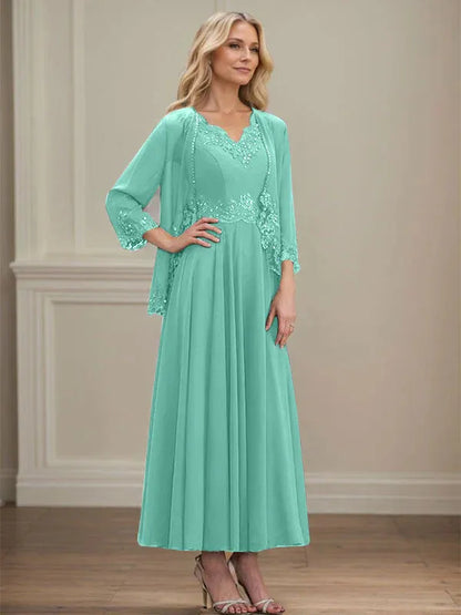 A-line V-Neck Ankle-Length Chiffon Mother of the Bride Dress With Sequins Appliques Lace Beading