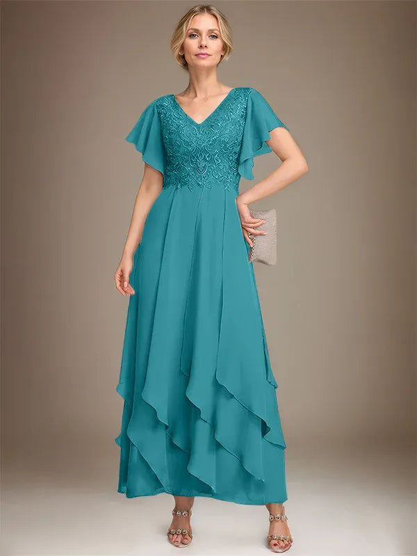 A-line V-Neck Ankle-Length Lace Chiffon Mother of the Bride Dress With Cascading Ruffles